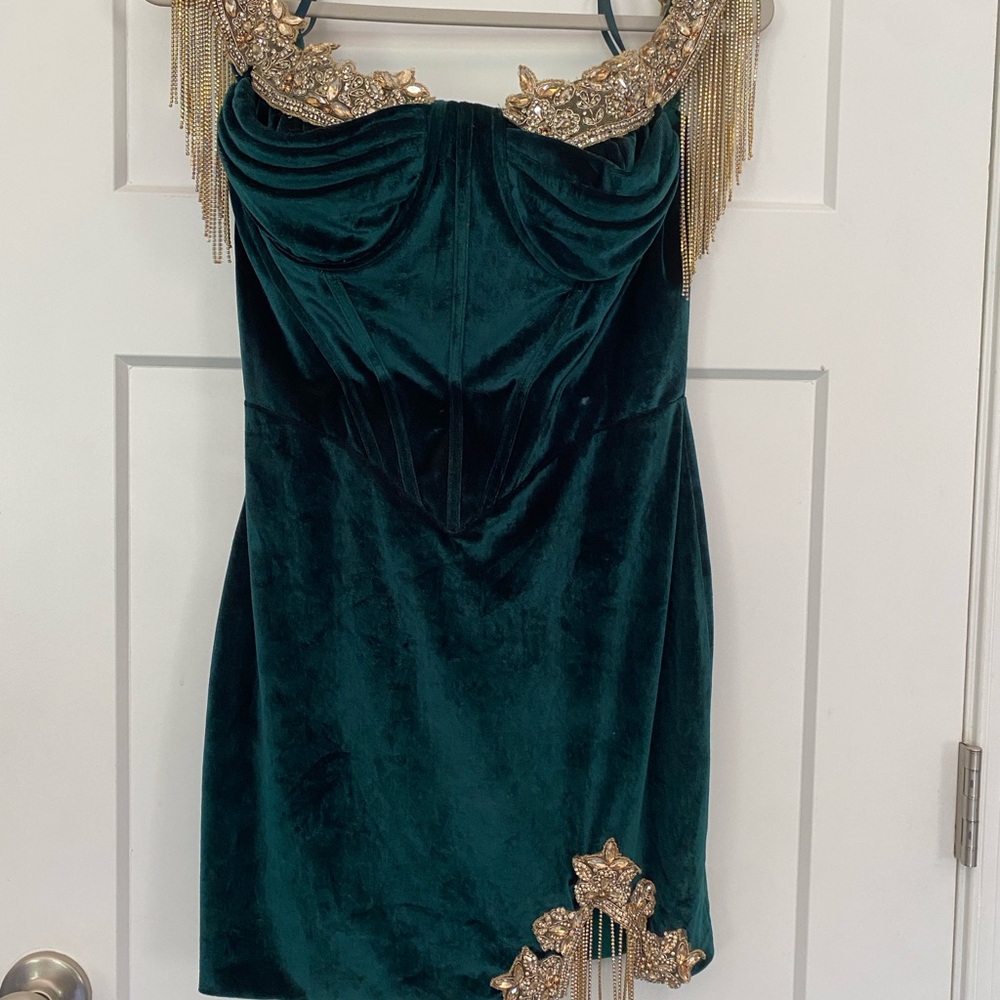 Portia and Scarlett Emerald Green Velvet Dress with Gold Embellishments